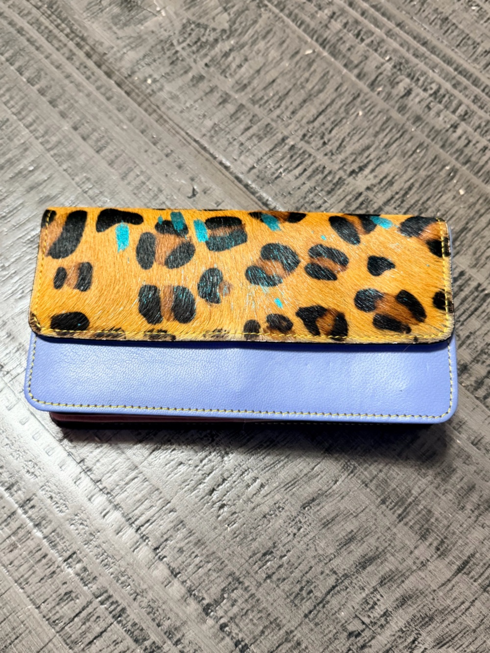 Leopard Print Faux Fur Wallet Clutch with Periwinkle Leather Trim